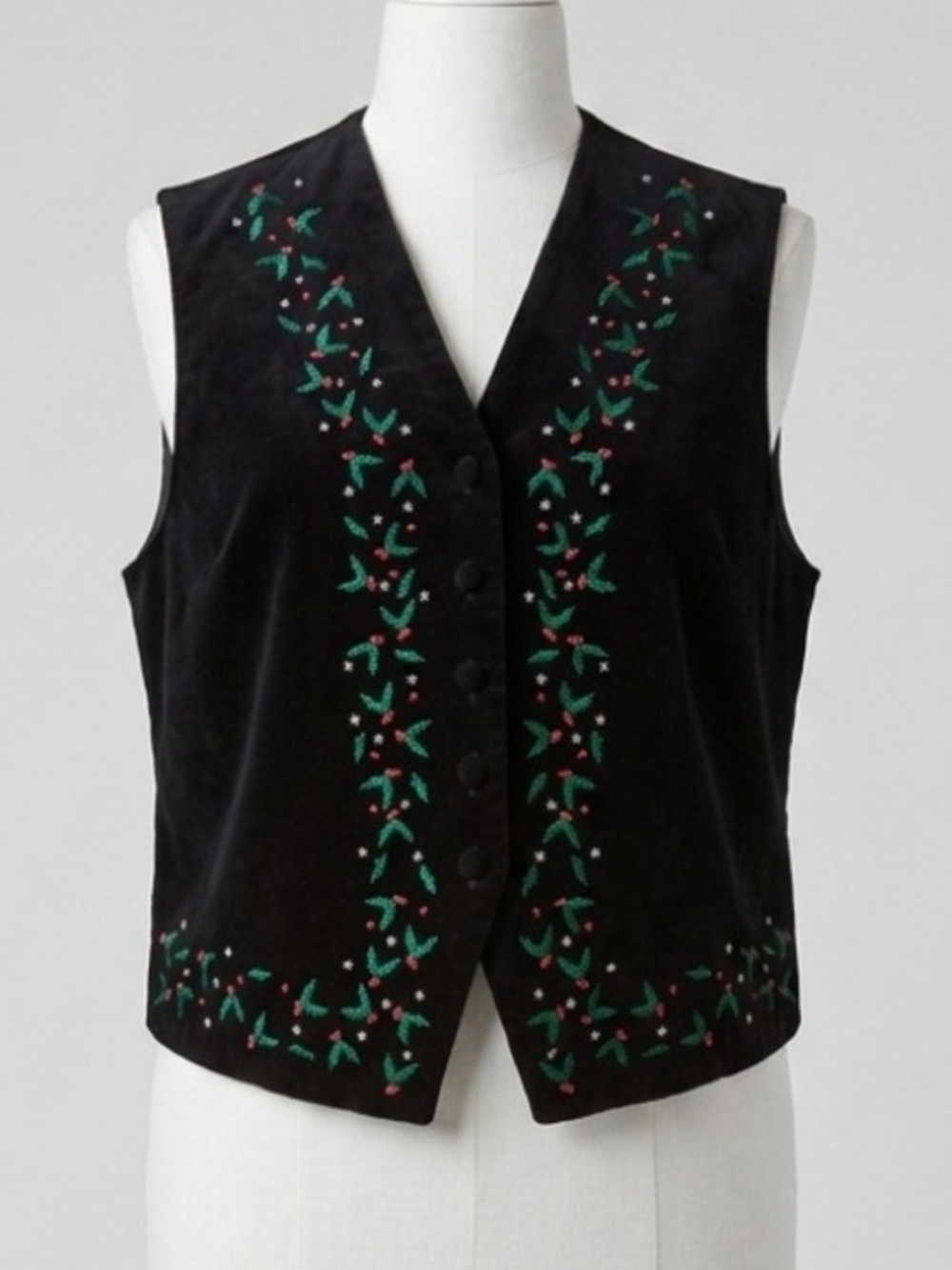 Karen Scott Vintage Black Velvet Embroidered Holly Christmas Vest Size Large